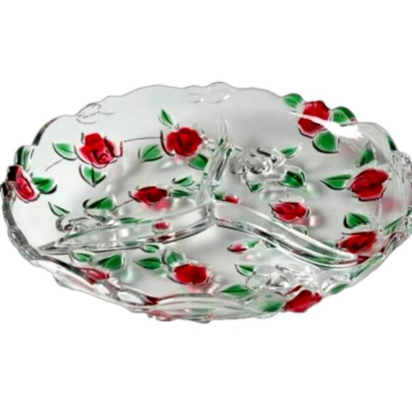 Vintage 13" MIKASA Glass Rose Garden 3 Section Divided Serving Platter - Picture 1 of 5